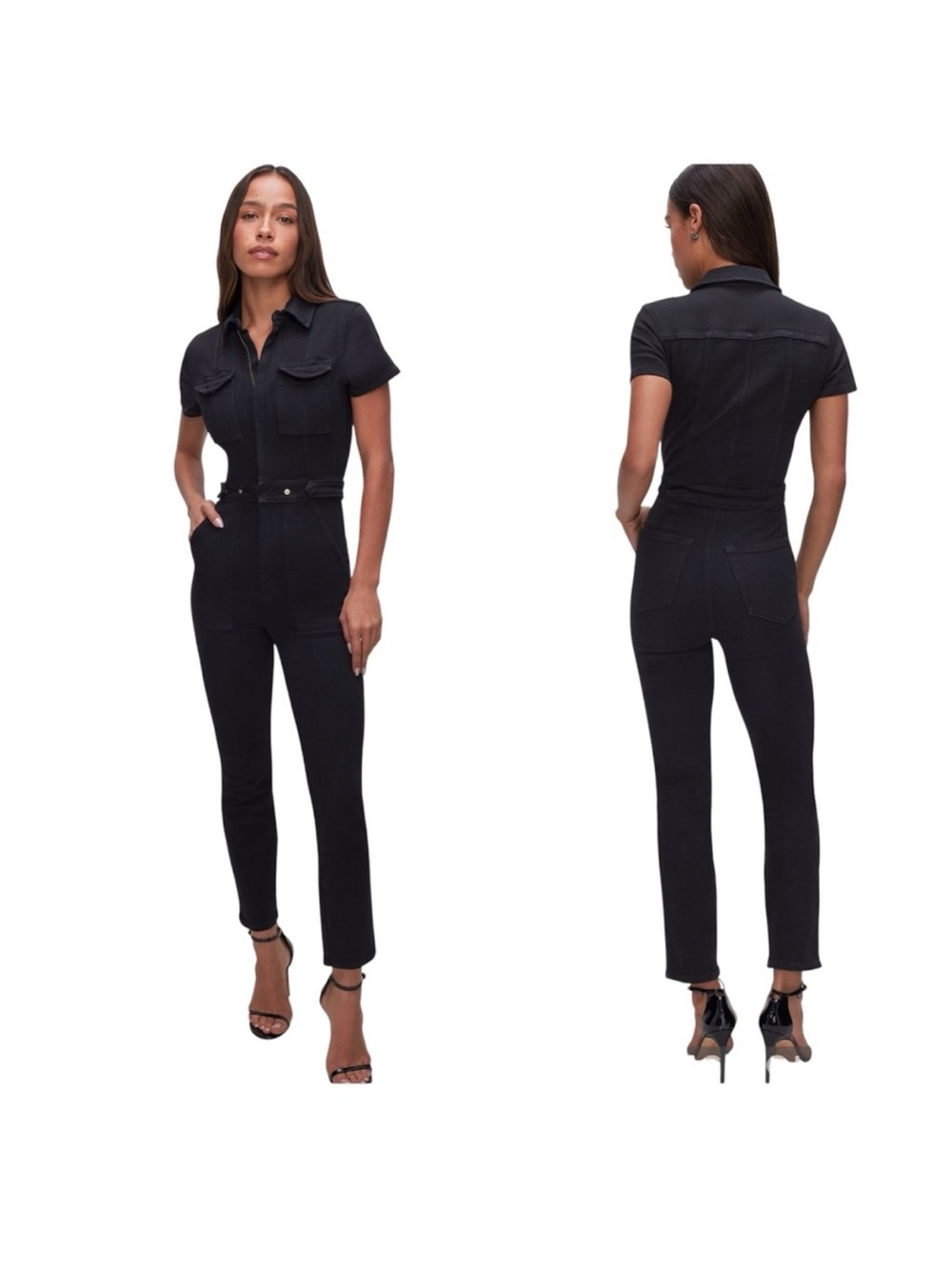 NWT Good American Black Short-Sleeve Denim Jumpsuit : Size M